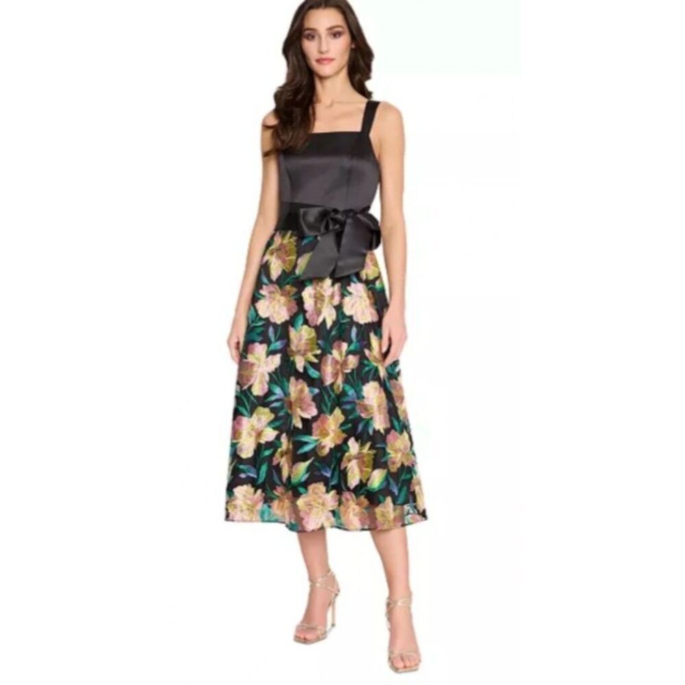 Tahari ASL Floral Embroidered Fit Flare Midi Dress Sz 14 NWT $199
